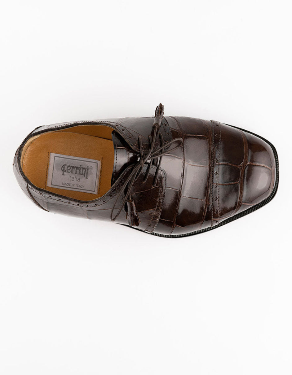 Ferrini Shoes - Mens Alligator Dress Shoe - Ferrini 3798 Alligator Cap Toe Shoes Chocolate - 9M