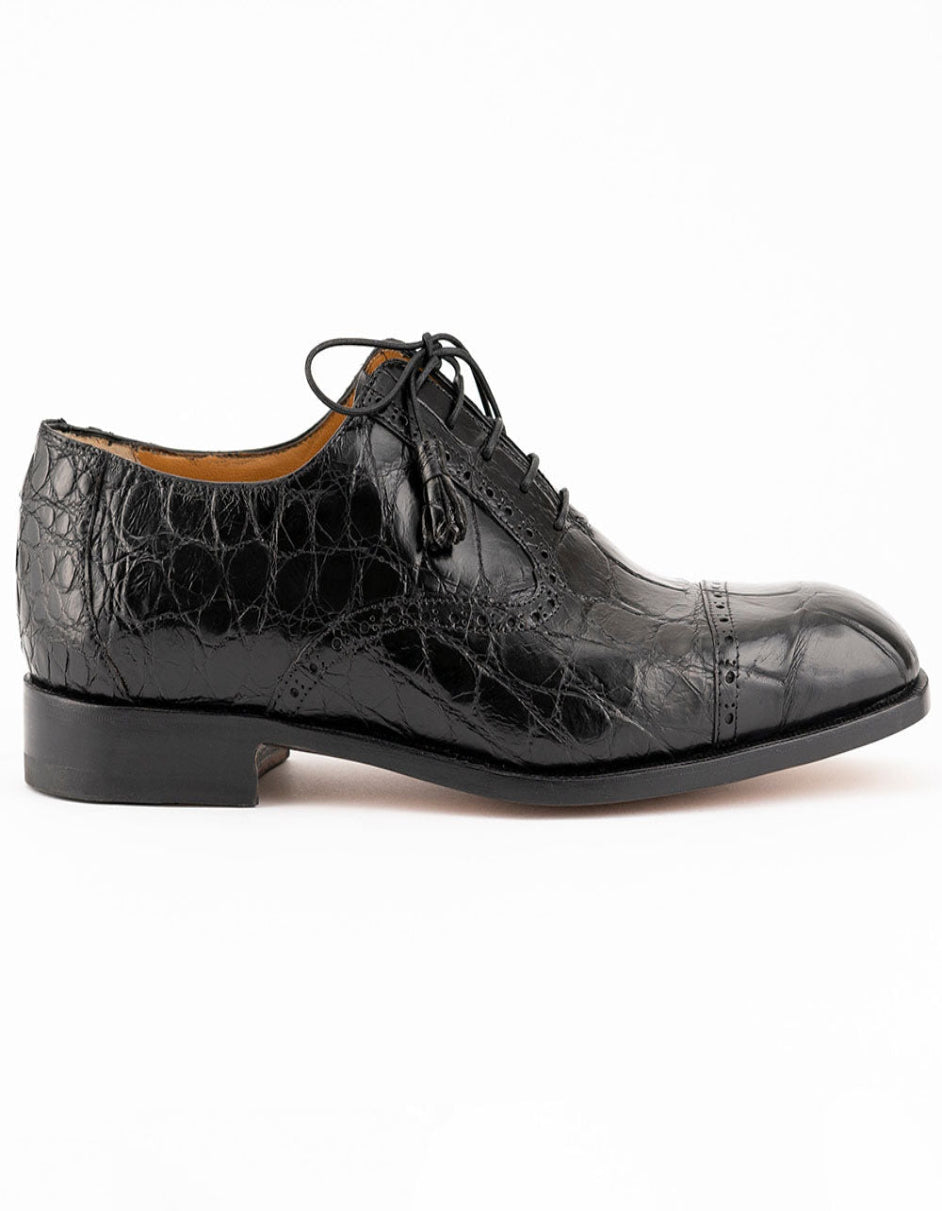 Ferrini Shoes - Mens Alligator Dress Shoe - Ferrini 3922 Belly Alligator Cap Toe Shoes Black - 6M