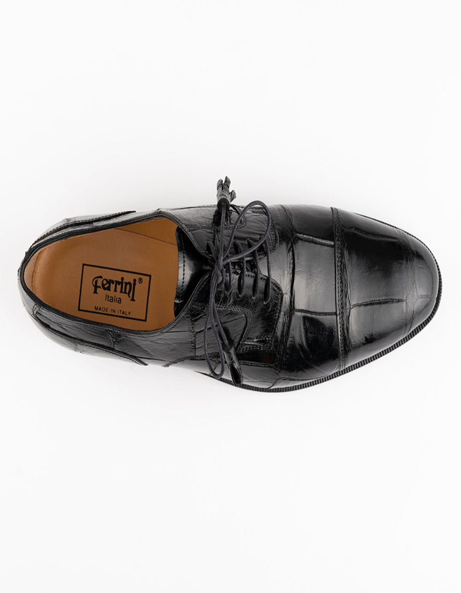 Ferrini Shoes - Mens Alligator Dress Shoe - Ferrini 4288 Belly Alligator Cap Toe Shoes Black - 9M