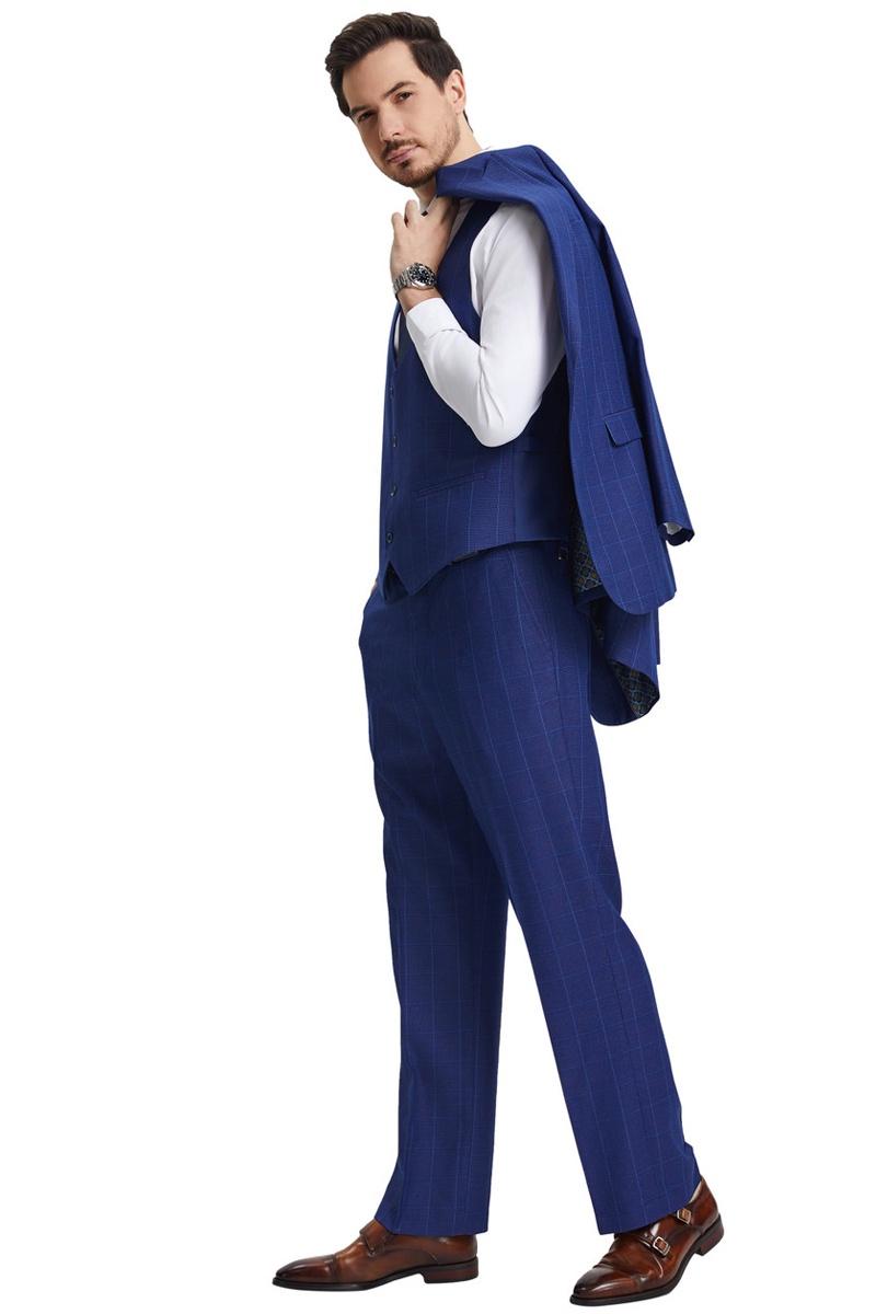 Men's Stacy Adams Peak Lapel Blue Windowpane Plaid Suit with a Scoop Neck Vest - 38 Regular