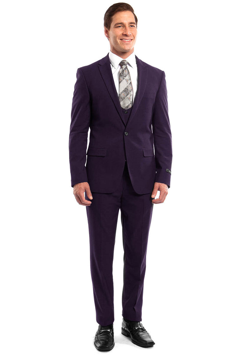 "Eggplant Men's Wedding & Prom Suit - One Button, Peak Lapel, Skinny Fit with Lowcut Vest"