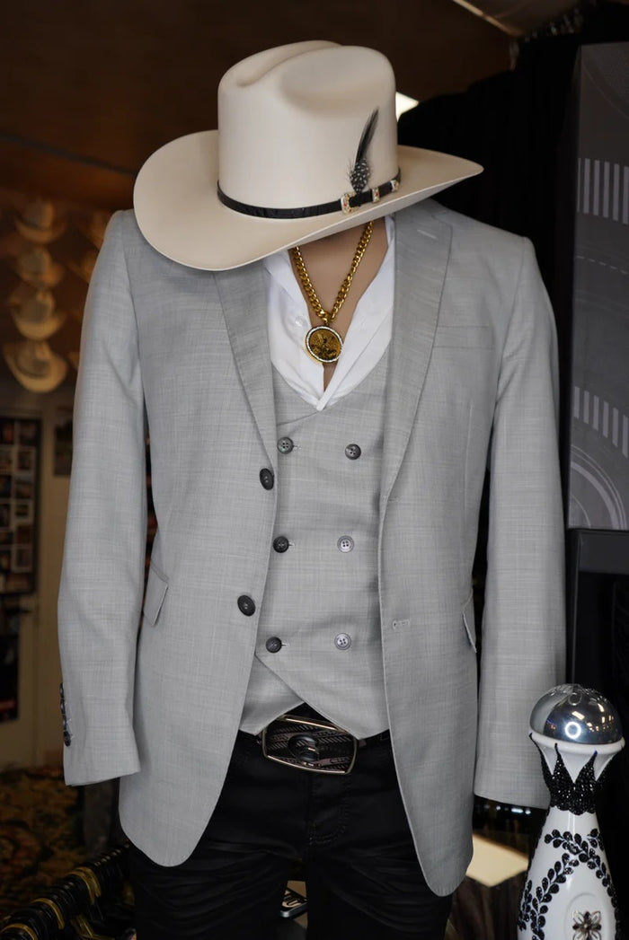 Men’s Light Gray Western Suit Blazer with Double Breasted Vest, Modern Cowboy Formal Outfit
