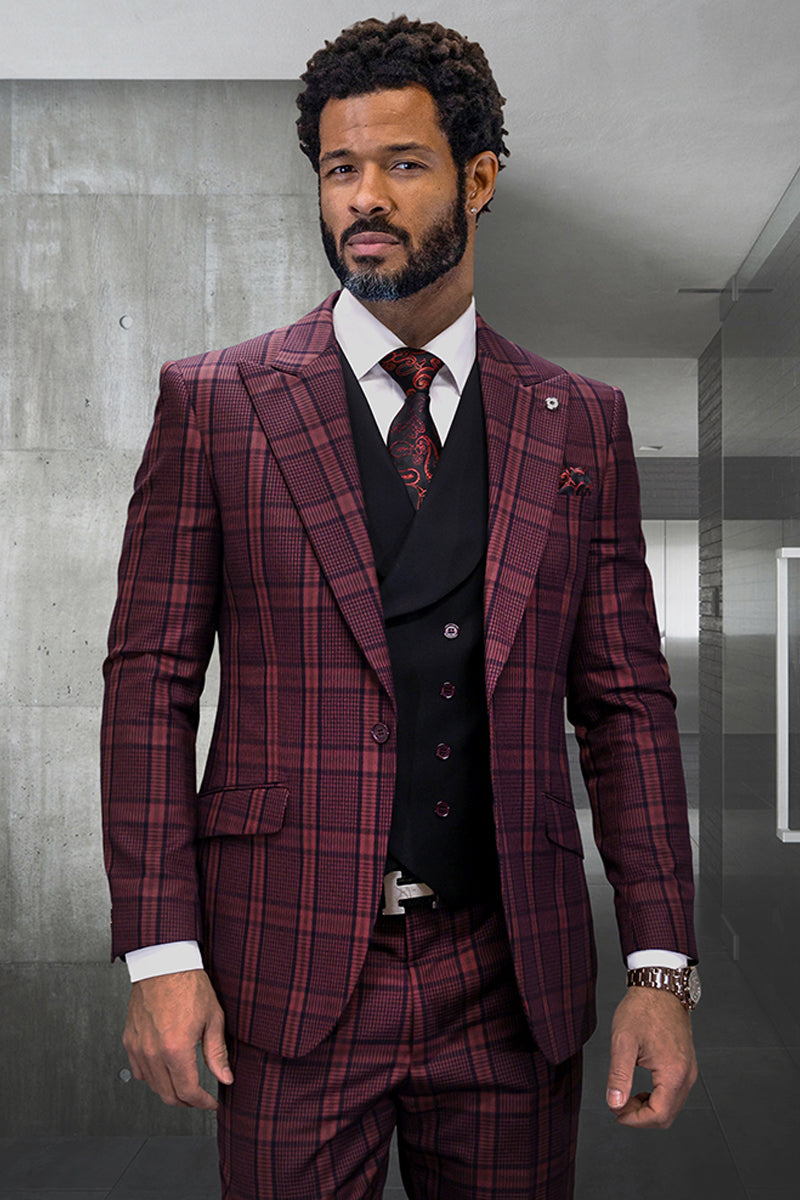 Men's Designer Vested Wide Peak Lapel Houndstooth Plaid Suit in Burgundy - 36 Short