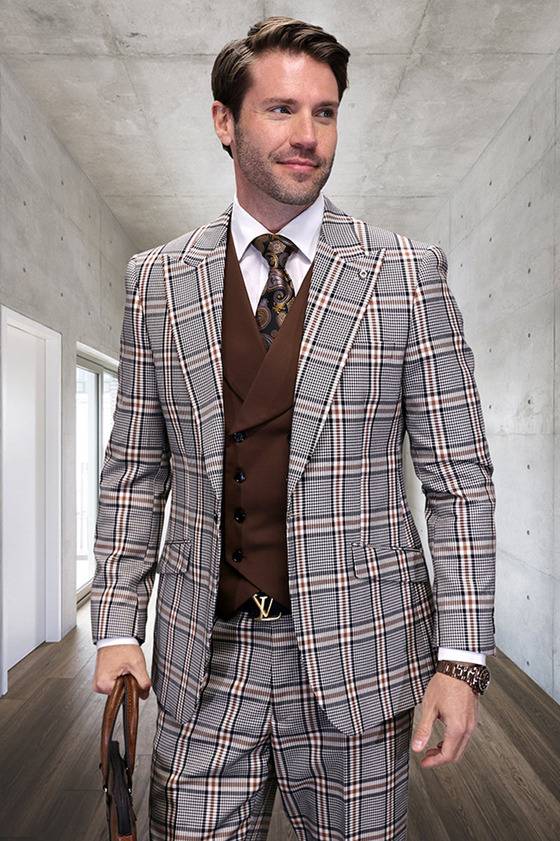 Men's Designer Vested Wide Peak Lapel Houndstooth Plaid Suit in Tan - 36 Short