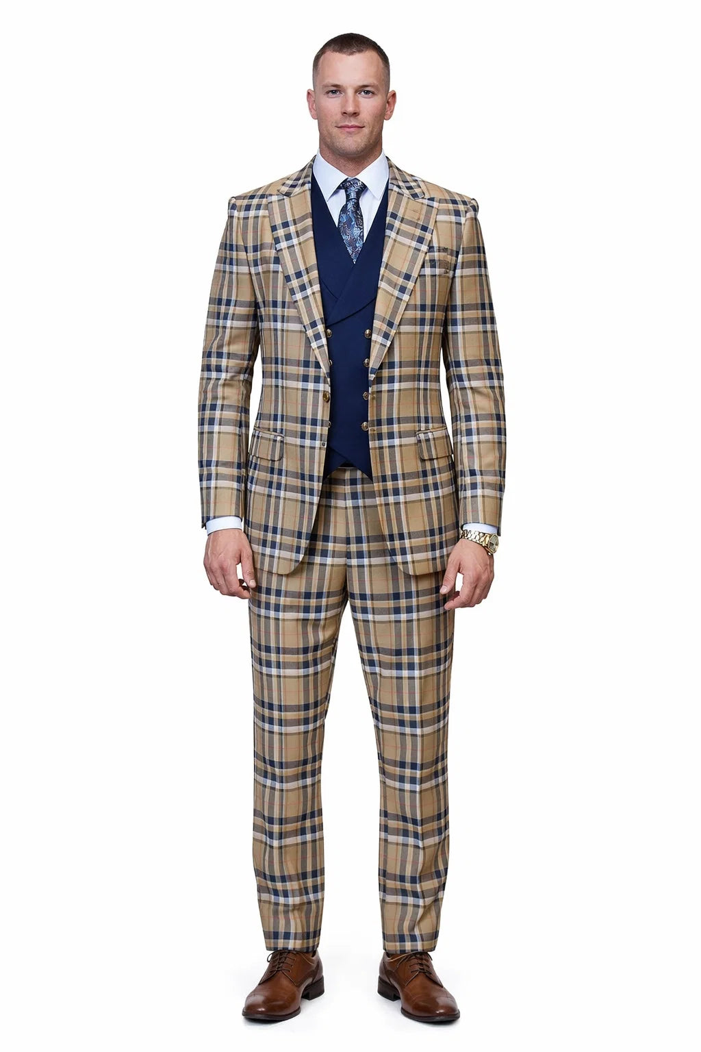 Statement Men’s 100% Wool 3-Piece Suit – Vibrant Color Contrast Modern Fit - 38 Short Jacket+32 Waist Adjustable 28to34)(Height: 5 4 to5 7 )(Neck  15-16.5)S-M)