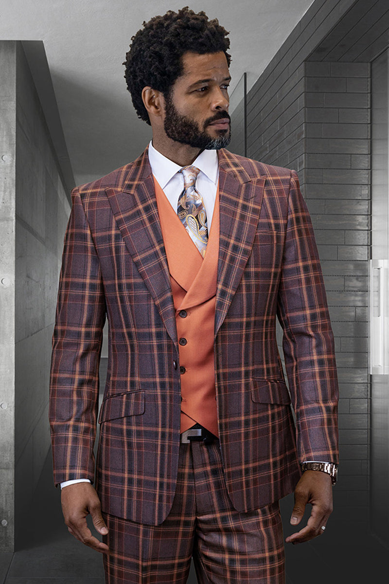 Men's Designer Wool Vested Peak Lapel Suit in Copper Cognac Windowpane Plaid - 36 Short