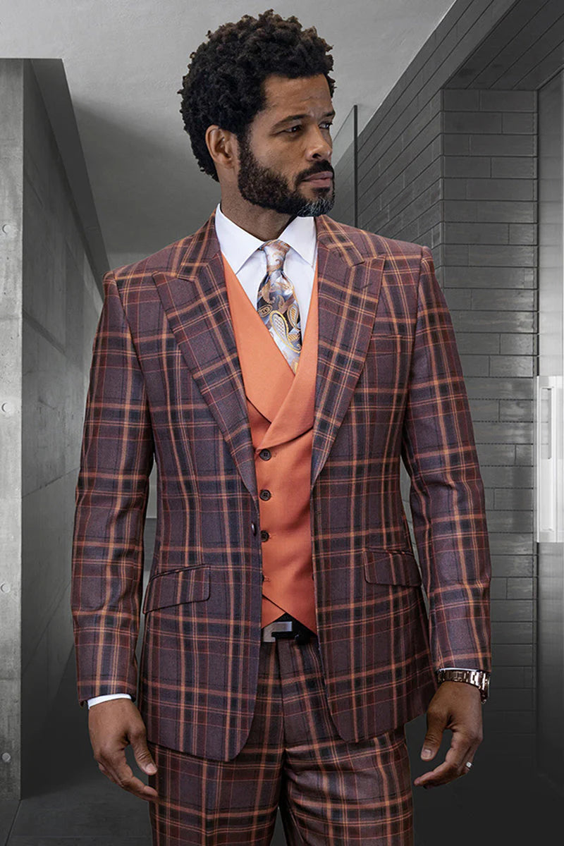 Statement Men’s 100% Wool 3-Piece Suit – Vibrant Color Contrast Modern Fit - 38 Short Jacket+32 Waist Adjustable 28to34)(Height: 5 4 to5 7 )(Neck  15-16.5)S-M)