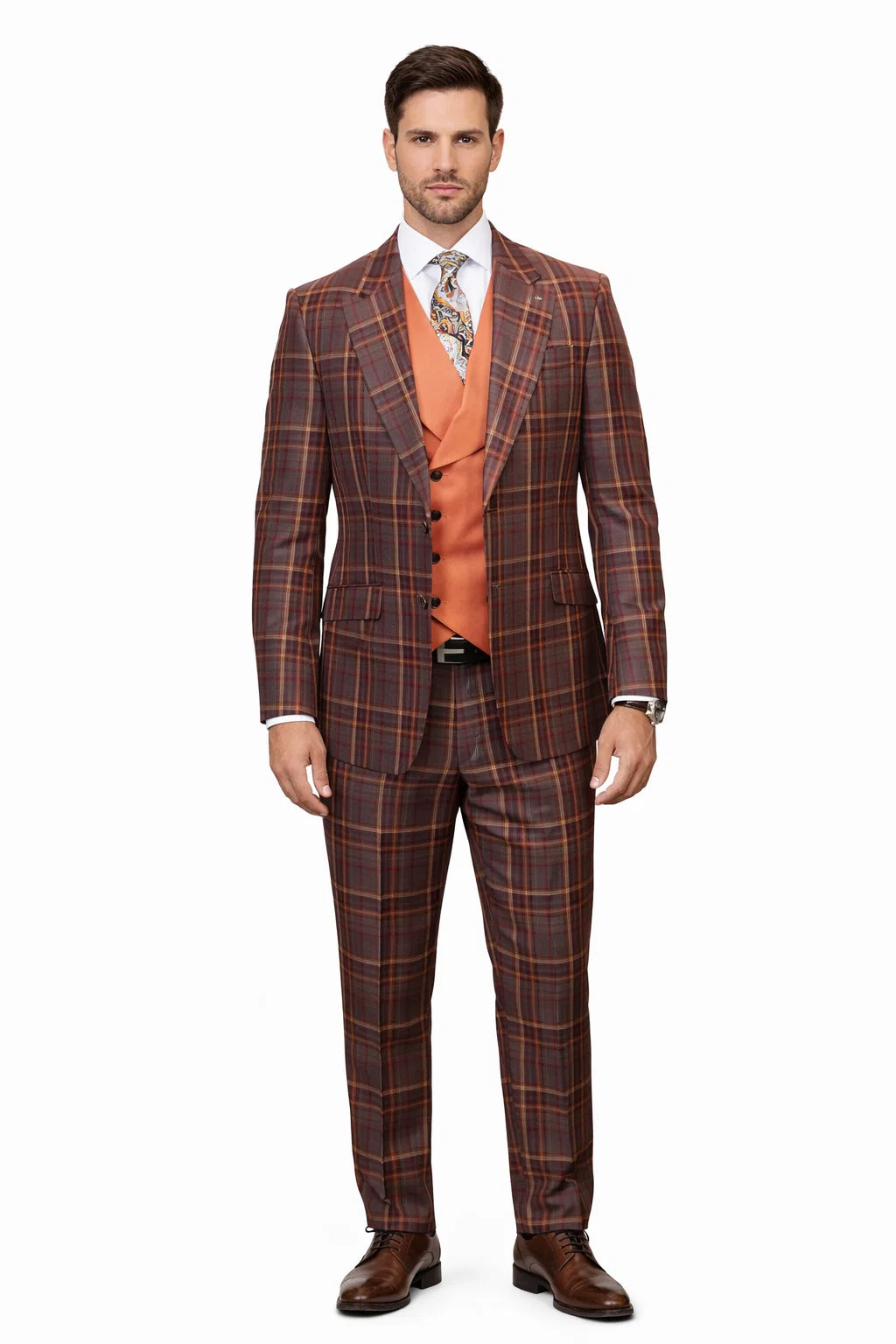 Statement Men’s 100% Wool 3-Piece Suit – Vibrant Color Contrast Modern Fit - 38 Short Jacket+32 Waist Adjustable 28to34)(Height: 5 4 to5 7 )(Neck  15-16.5)S-M)