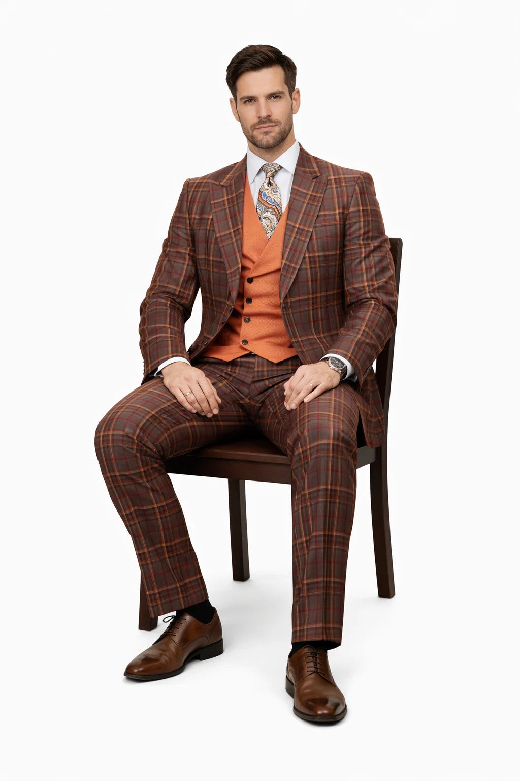 Statement Men’s 100% Wool 3-Piece Suit – Vibrant Color Contrast Modern Fit - 38 Short Jacket+32 Waist Adjustable 28to34)(Height: 5 4 to5 7 )(Neck  15-16.5)S-M)