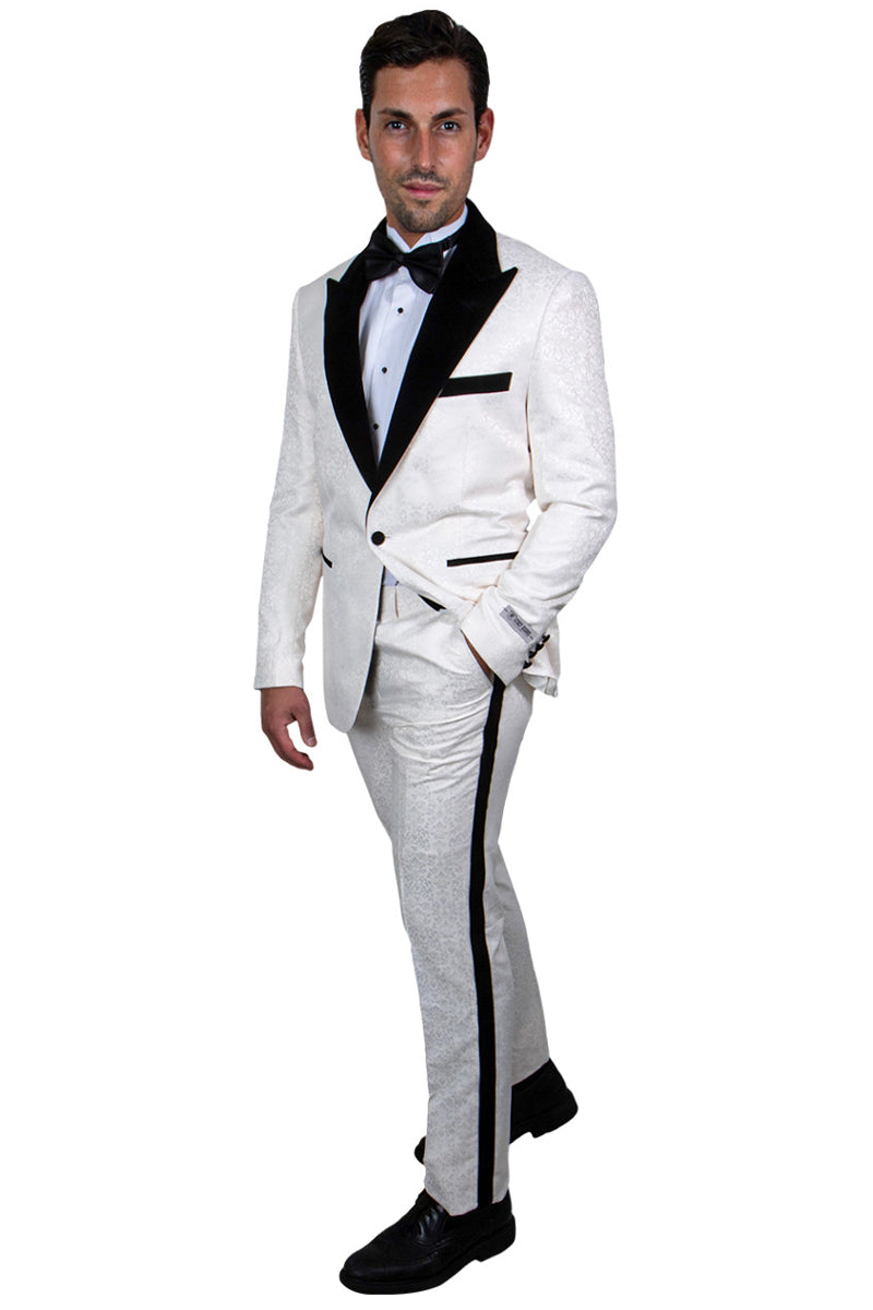 "Stacy Adams Men's Paisley Tuxedo - Ivory & Black for Prom 2025 & Wedding" - 34 Regular