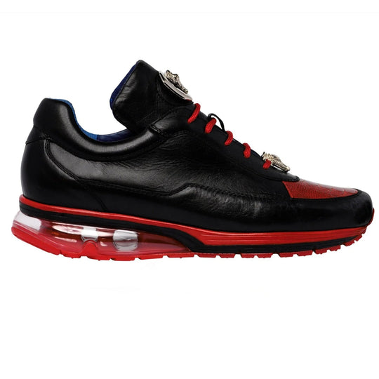 Men's Belvedere Flash Calf & Ostrich Leg Sneaker in Black & Red - 9-M