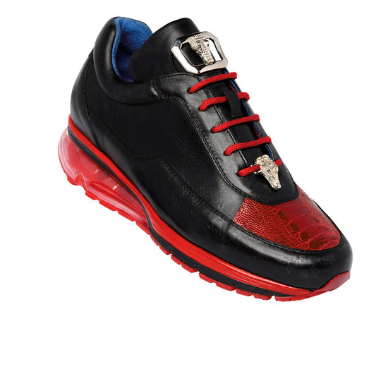 Men's Belvedere Flash Calf & Ostrich Leg Sneaker in Black & Red - 9-M