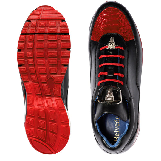 Men's Belvedere Flash Calf & Ostrich Leg Sneaker in Black & Red - 9-M