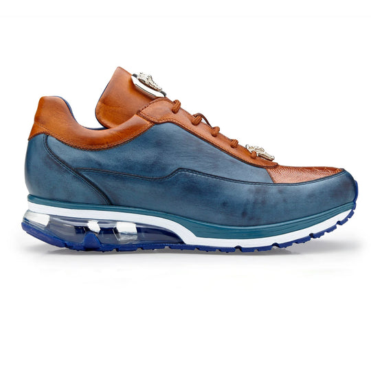 Men's Belvedere Flash Calf & Ostrich Leg Sneaker in Camel & Blue - 9-M