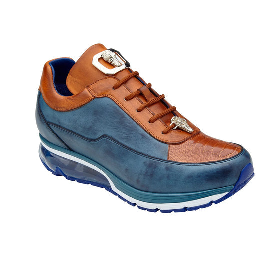 Men's Belvedere Flash Calf & Ostrich Leg Sneaker in Camel & Blue - 9-M