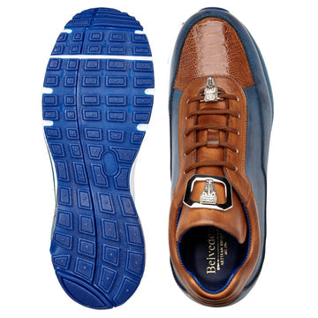 Men's Belvedere Flash Calf & Ostrich Leg Sneaker in Camel & Blue - 9-M