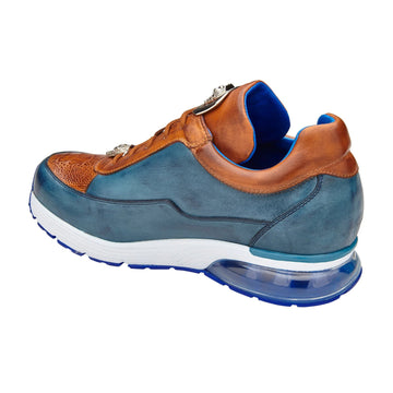 Men's Belvedere Flash Calf & Ostrich Leg Sneaker in Camel & Blue - 9-M