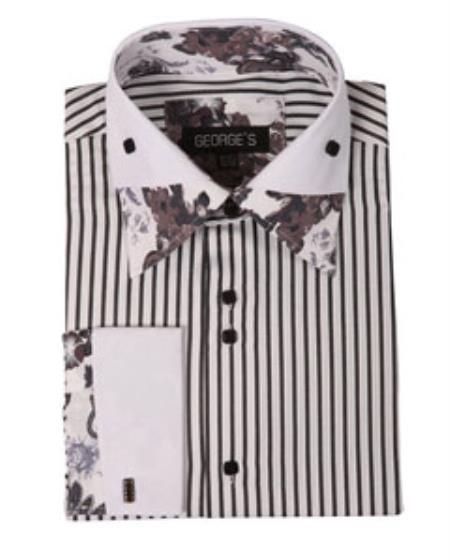 Men's High Collar Club Black Stripe Floral Shirts - S Or Small