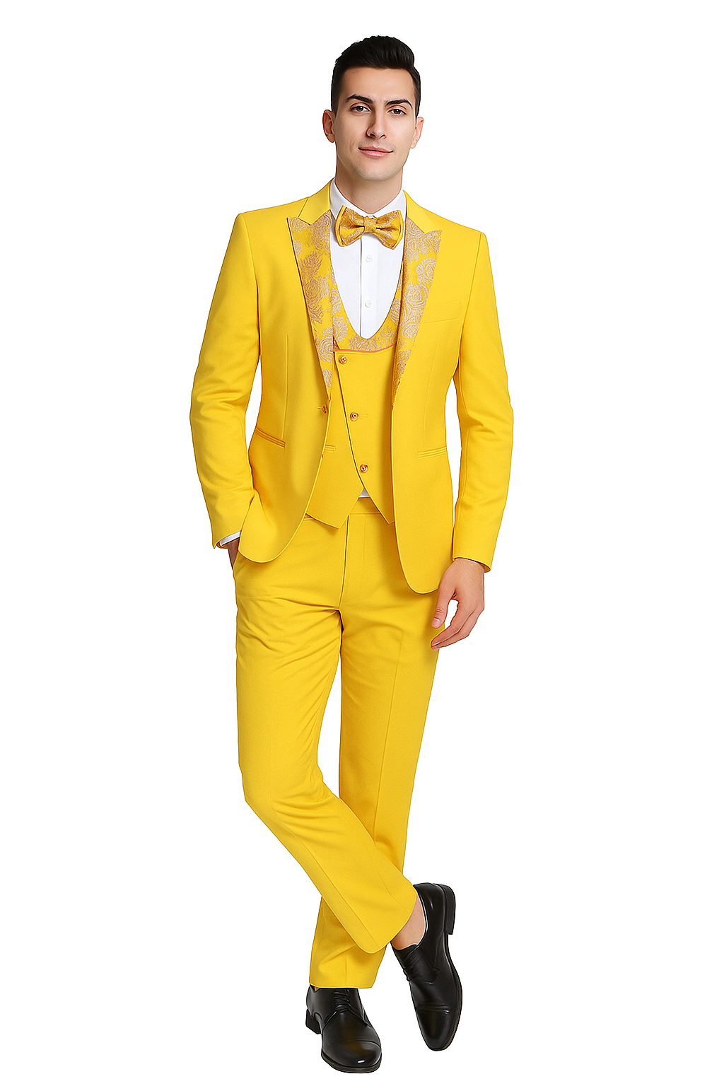 Radiant Golden Bloom Mens 3-Piece Suit with Floral Peak Lapel - 36 Short
