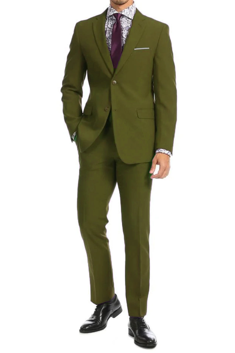"Olive Green Modern Fit Two-Button Poplin Men's Suit"