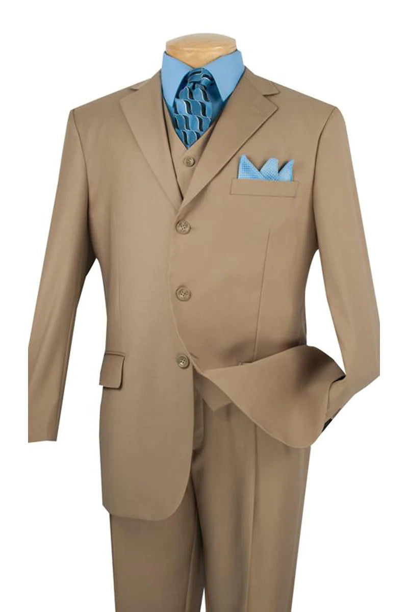 "Classic Fit Men's 3-Button Vested Suit in Tan - Basic Style"