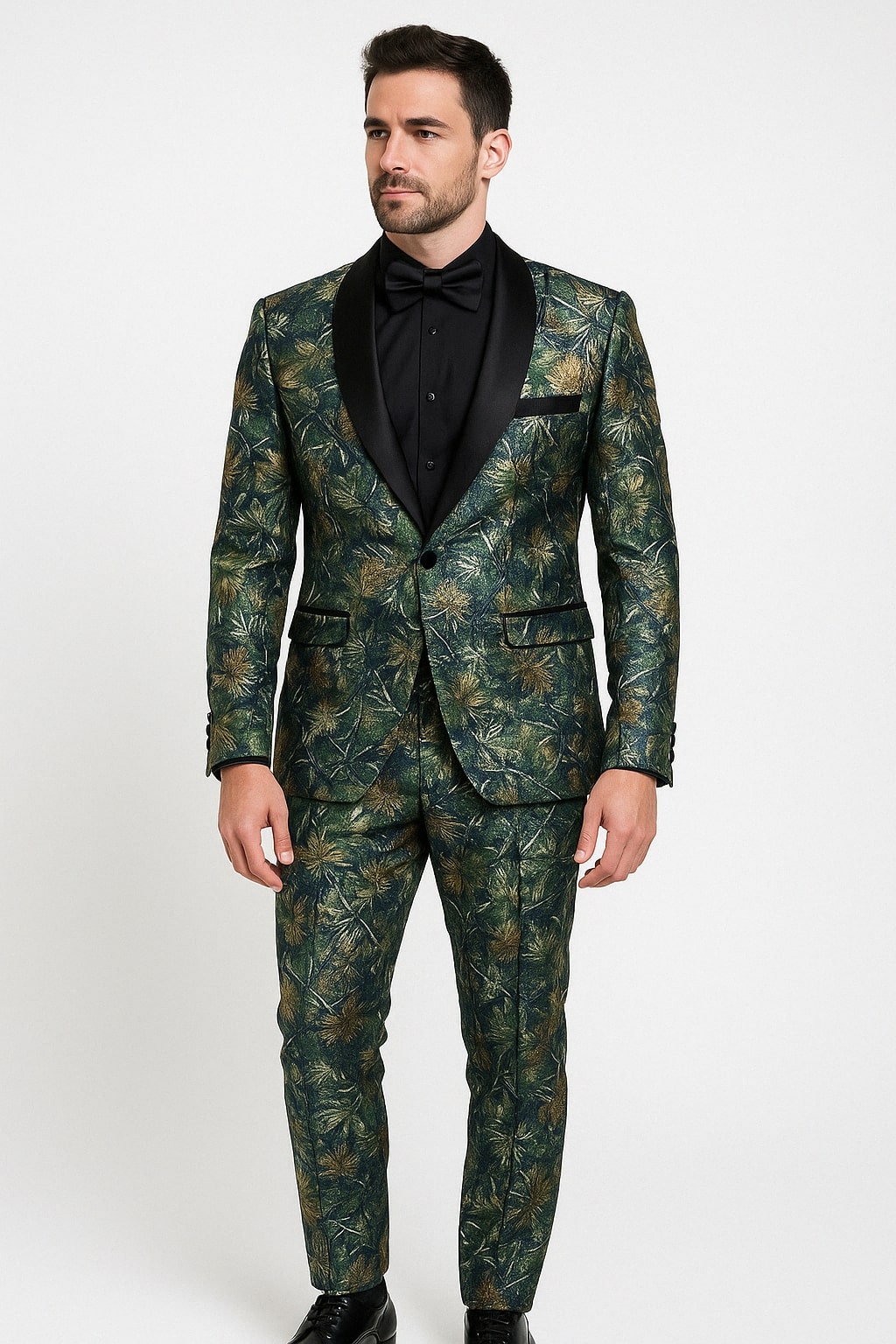 Mens Forest Camo Print Blazer with Black Satin Lapel Tuxedo - Green - 34 Short or Extra Small