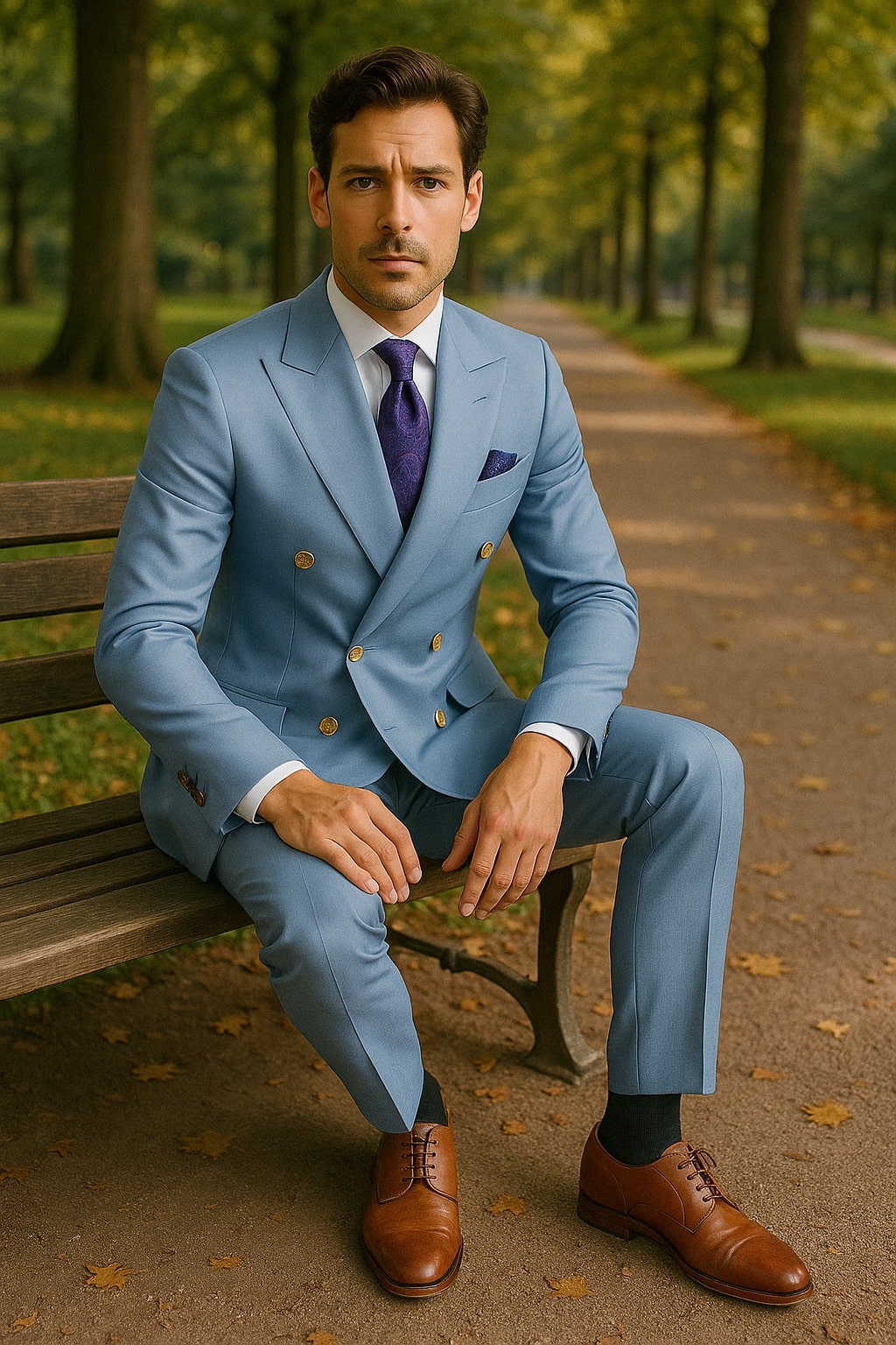 Mens Light Blue Double-Breasted Suit with Gold Buttons – Slim Fit 2-Piece Formal Set in Sky Blue Color - 34 Short or Extra Small