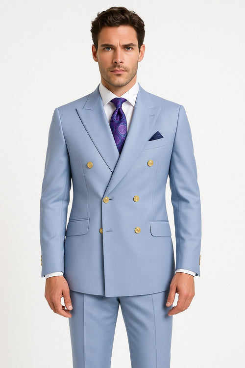 Mens Light Blue Double-Breasted Suit with Gold Buttons â€“ Slim Fit 2-Piece Formal Set in Sky Blue Color