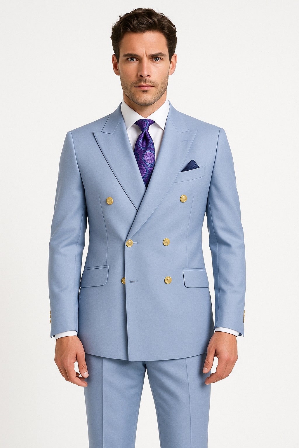 Mens Light Blue Double-Breasted Suit with Gold Buttons – Slim Fit 2-Piece Formal Set in Sky Blue Color - 34 Short or Extra Small