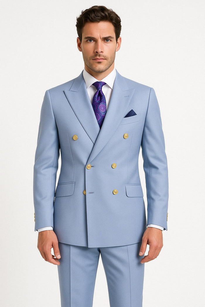 Mens Light Blue Double-Breasted Suit with Gold Buttons â€“ Slim Fit 2-Piece Formal Set in Sky Blue Color