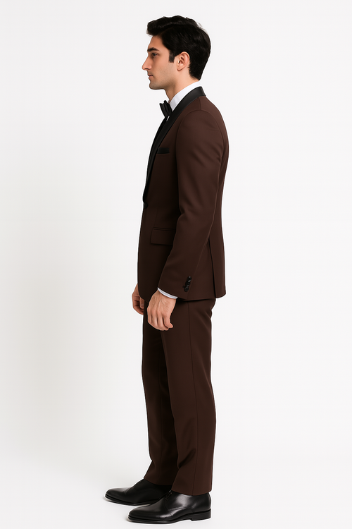 Mens Chocolate Brown Tuxedo with Black Satin Peak Lapel â€“ Formal Wedding and Prom Suit