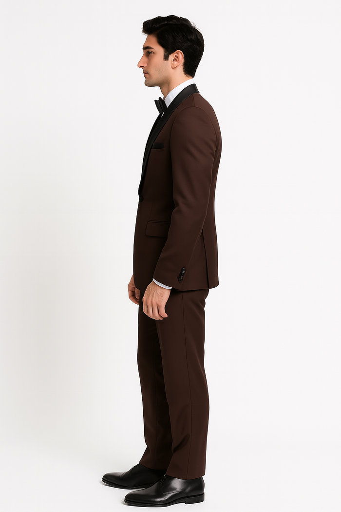 Mens Chocolate Brown Tuxedo with Black Satin Peak Lapel â€“ Formal Wedding and Prom Suit