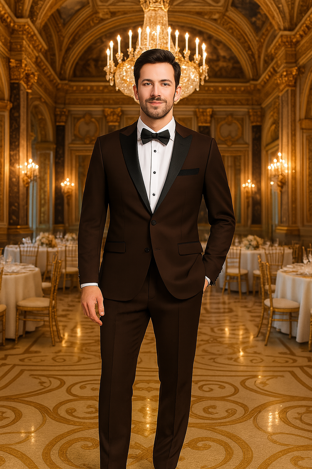 Mens Chocolate Brown Tuxedo with Black Satin Peak Lapel â€“ Formal Wedding and Prom Suit