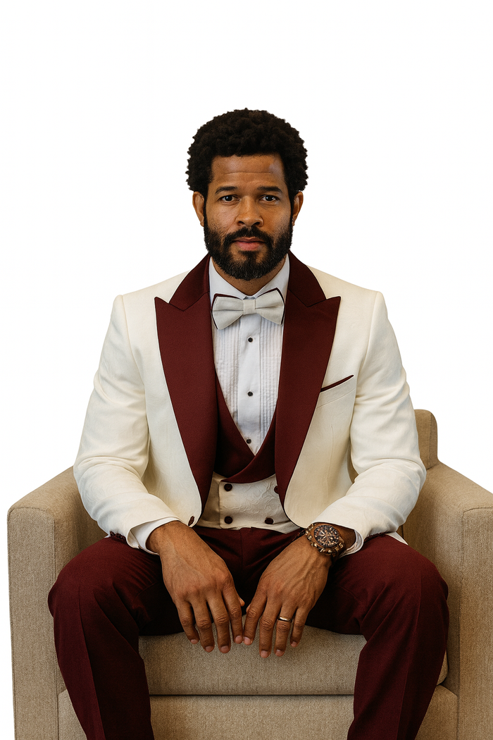 Hilton White and Burgundy Paisley Peak Lapel Tuxedo Jacket with Matching Shawl Vest and Wool Pants Includes Bow Tie