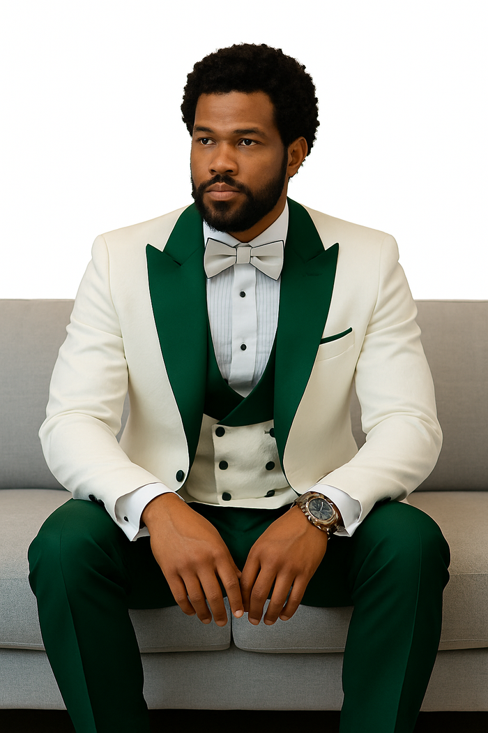 Hilton White and Hunter Green Paisley Peak Lapel Tuxedo Jacket with Matching Shawl Vest and Wool Pants Includes Bow Tie
