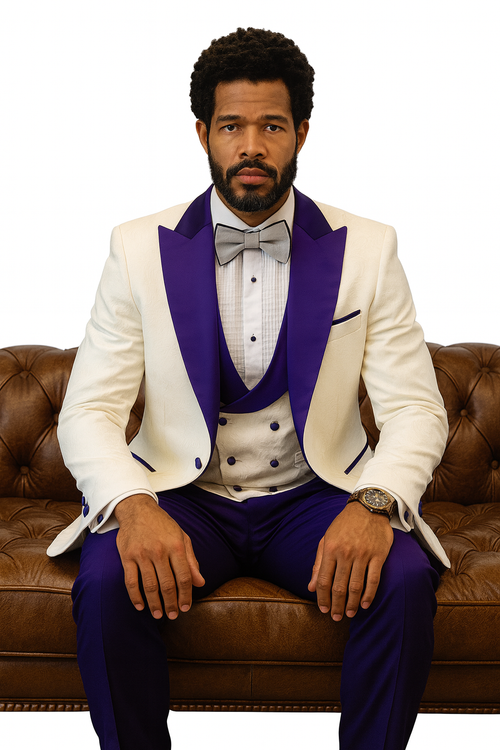 Hilton White and Purple Paisley Peak Lapel Tuxedo Jacket with Matching Shawl Vest and Wool Pants Includes Bow Tie