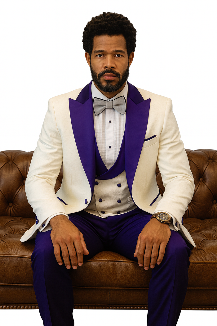 Hilton White and Purple Paisley Peak Lapel Tuxedo Jacket with Matching Shawl Vest and Wool Pants Includes Bow Tie