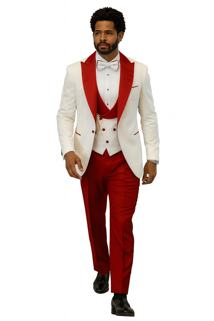 Hilton White and Red Paisley Peak Lapel Tuxedo Jacket with Matching Shawl Vest and Wool Pants Includes Bow Tie