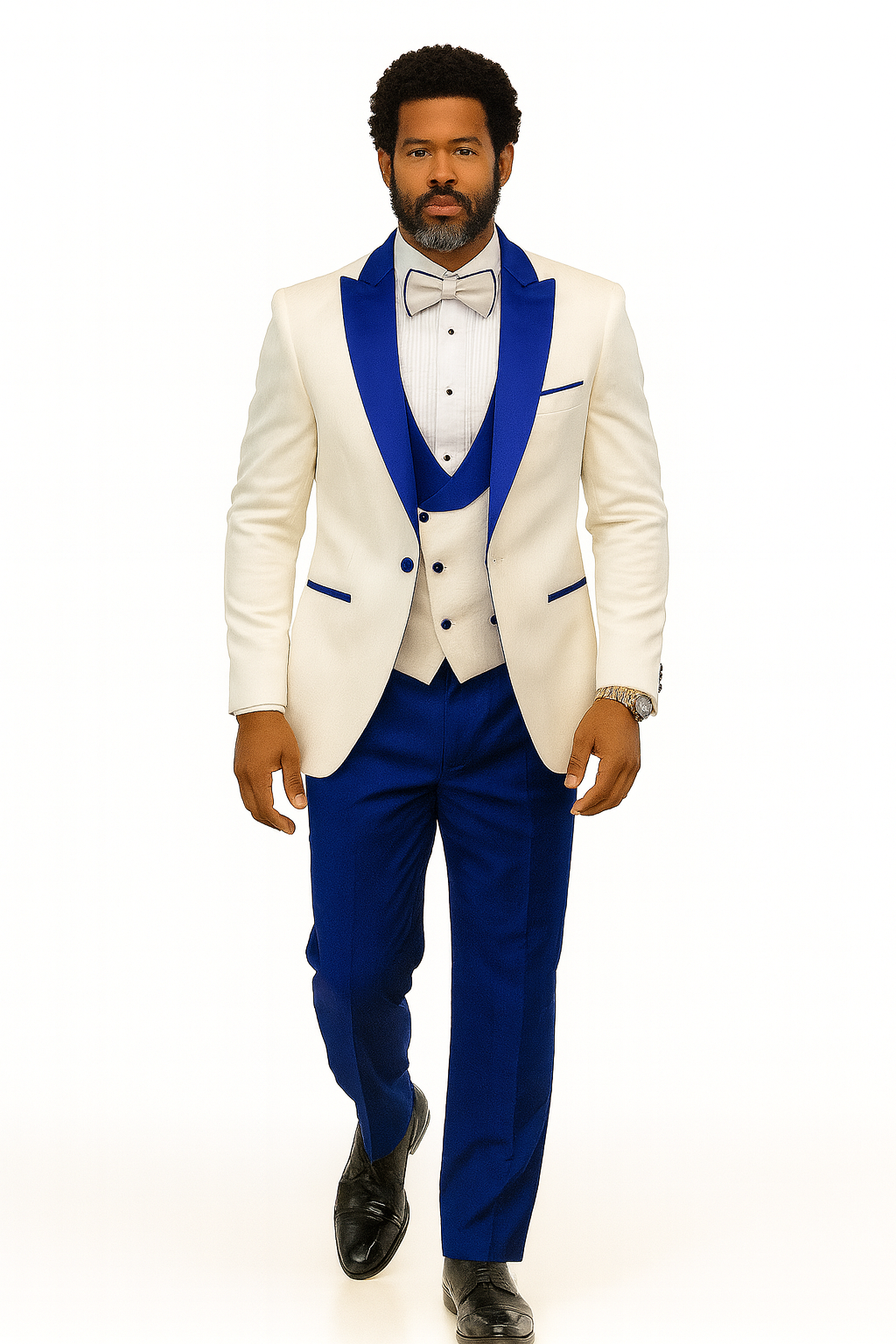 Hilton White and Royal Blue Paisley Peak Lapel Tuxedo Jacket with Matching Shawl Vest and Wool Pants – Includes Bow Tie - 34 Short or Extra Small