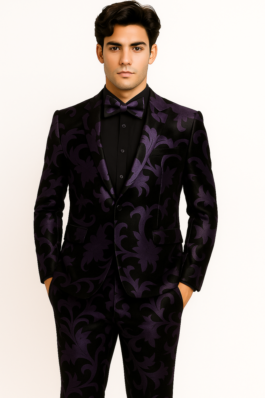 Mardi Gras Suit - Purple and Black Paisley Tuxedo Dinner Jacket + Matching Pants - Slim Fitted - 34 Short or Extra Small