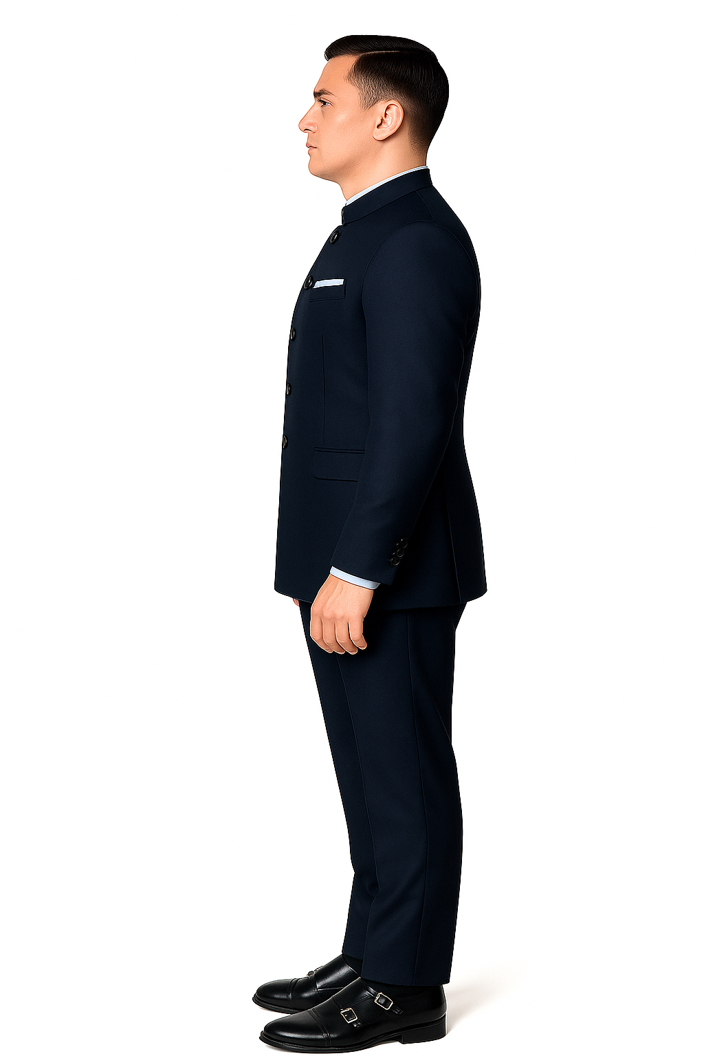 Mandarin Suit - Navy Blue Color Banded Collar Suit - Chines Collar in Color Dark Blue - Coat Size 38