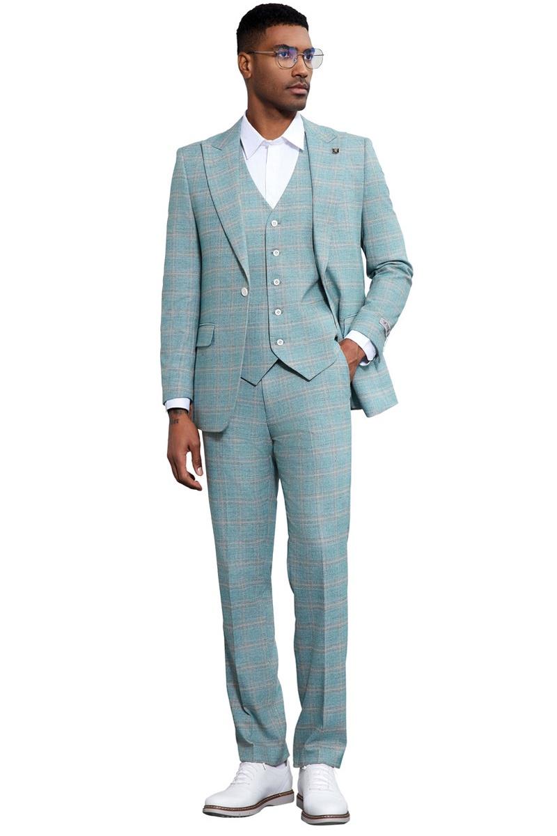 Men's Stacy Adams Vested Peak Lapel Light Turquoise Green Plaid Prom & Wedding Suit - 38 Regular