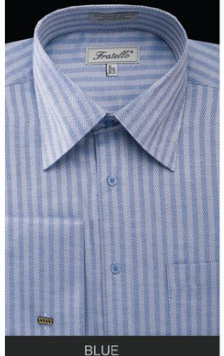 Fratello French Cuff Blue - Herringbone Tweed Stripe Big And Tall Sizes 18 19 20 21 22 Inch Neck Men's Dress Shirt