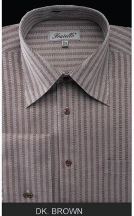 Fratello French Cuff Dark Brown - Herringbone Tweed Stripe Big And Tall Sizes 18 19 20 21 22 Inch Neck Men's Dress Shirt