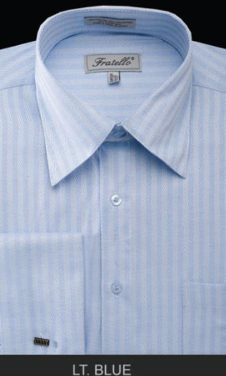 Fratello French Cuff Light Blue - Herringbone Tweed Stripe Big And Tall Sizes Men's Dress Shirt - 22.5" Neck/36-37" Sleeve