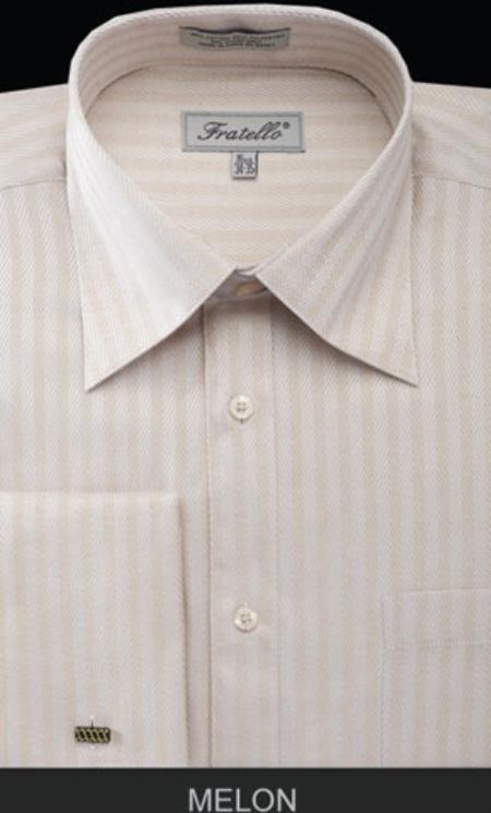 Fratello French Cuff Melon - Herringbone Tweed Stripe Big And Tall Sizes 18 19 20 21 22 Inch Neck Men's Dress Shirt - Medium 15.5" Neck/34-35" Sleeve