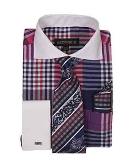 Cotton Blend Window Pane Pattern Long Sleeve Spread Collar French Cuff Classic Fit Matching Tie And Hanky Color: Navy This item is ideal for weddings, proms, black tie, business and other formal events.