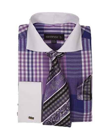 Purple Window Pane Pattern French Cuffed Men's Dress Shirt