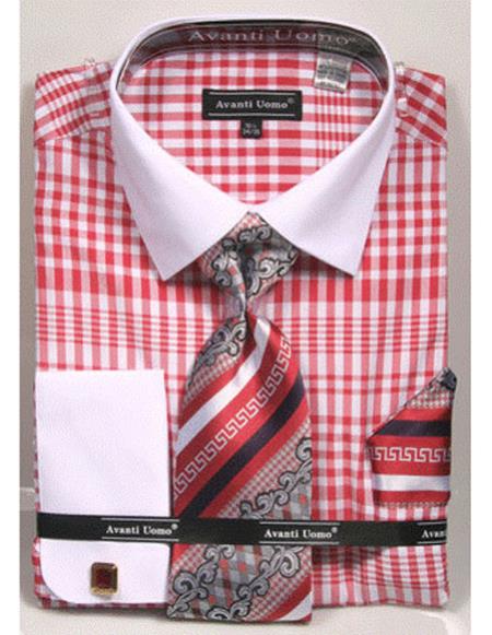 Men's Red And White Classic Fit Collared French Cuffed Shirt - Large