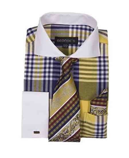 Long Sleeve White Collar Two Toned Contrast Gold Plaid Window Pane Pattern Tie Set French Cuffed Men's Dress Shirt